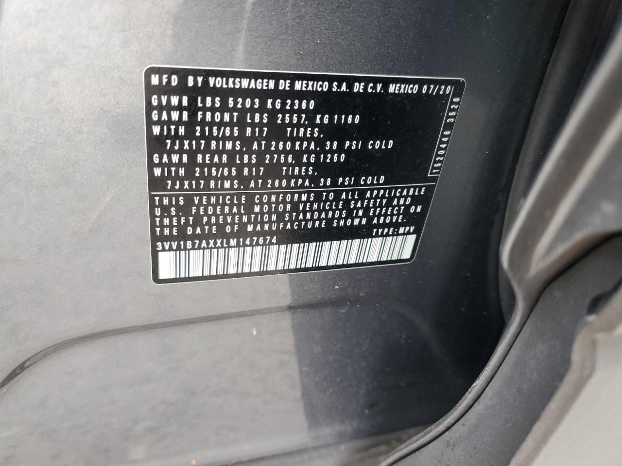 2020 Volkswagen Tiguan VIN 3VV1B7AXXLM147674 Copart auction photo, side / rear end damage thumbnail 13