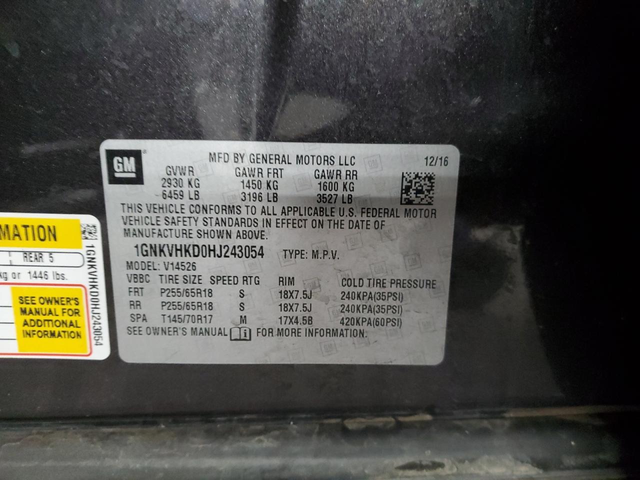 2017 Chevrolet Traverse VIN 1GNKVHKD0HJ243054 Copart auction photo, front end damage thumbnail 15