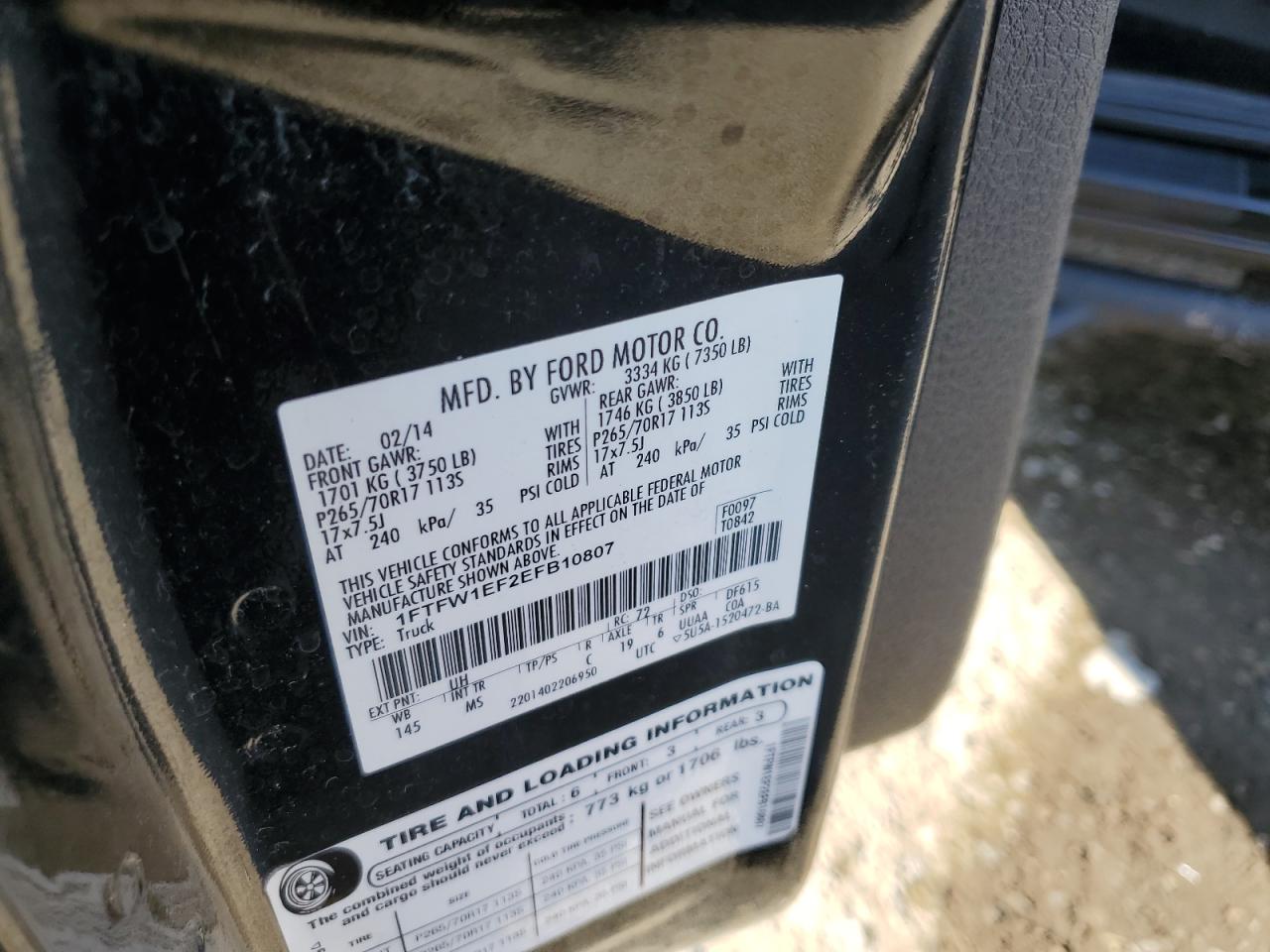 2014 Ford F-150 VIN 1FTFW1EF2EFB10807 Copart auction photo, front end damage thumbnail 12