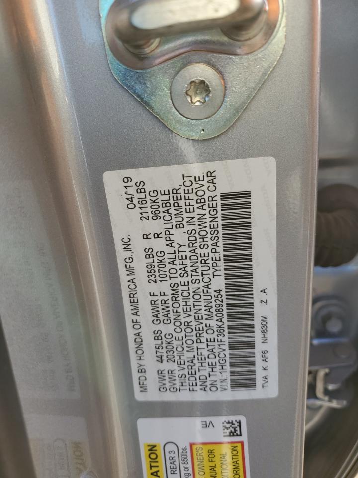 2019 Honda Accord VIN 1HGCV1F36KA089254 Copart auction photo, front end / side damage thumbnail 13