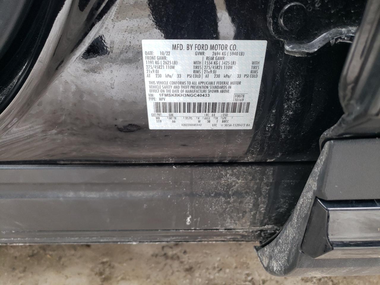 2022 Ford Explorer VIN 1FMSK8KH3NGC40433 Copart auction photo, front end / undercarriage damage thumbnail 13