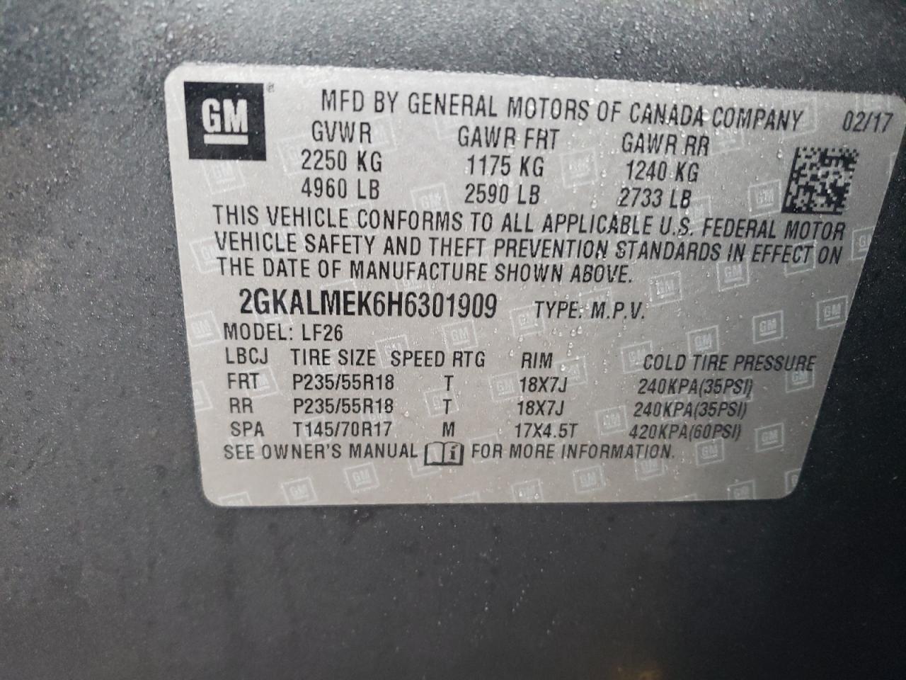 2017 GMC Terrain VIN 2GKALMEK6H6301909 Copart auction photo, front end damage thumbnail 13