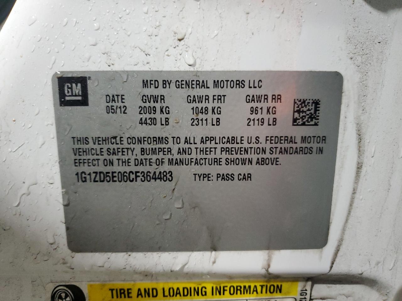 2012 Chevrolet Malibu VIN 1G1ZD5E06CF364483 Copart auction photo, front end / minor dent/scratches damage thumbnail 13