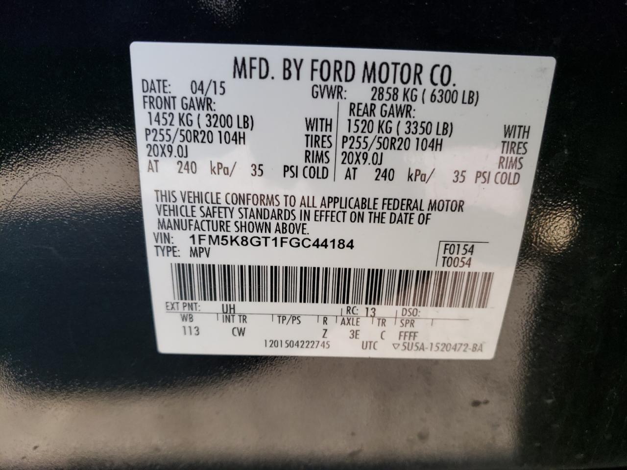 2015 Ford Explorer VIN 1FM5K8GT1FGC44184 Copart auction photo, front end / side damage thumbnail 13