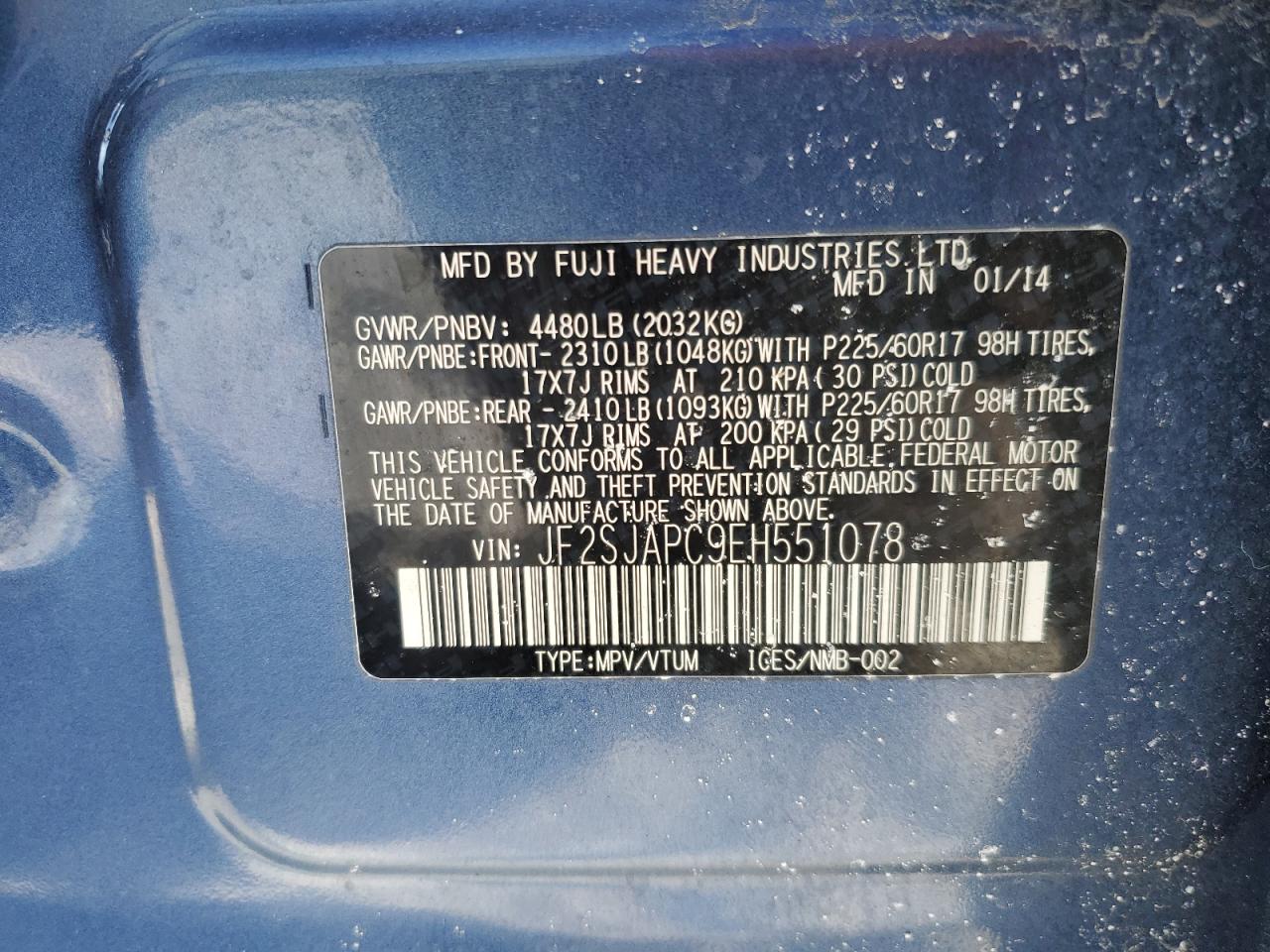2014 Subaru Forester VIN JF2SJAPC9EH551078 Copart auction photo, rear end damage thumbnail 15