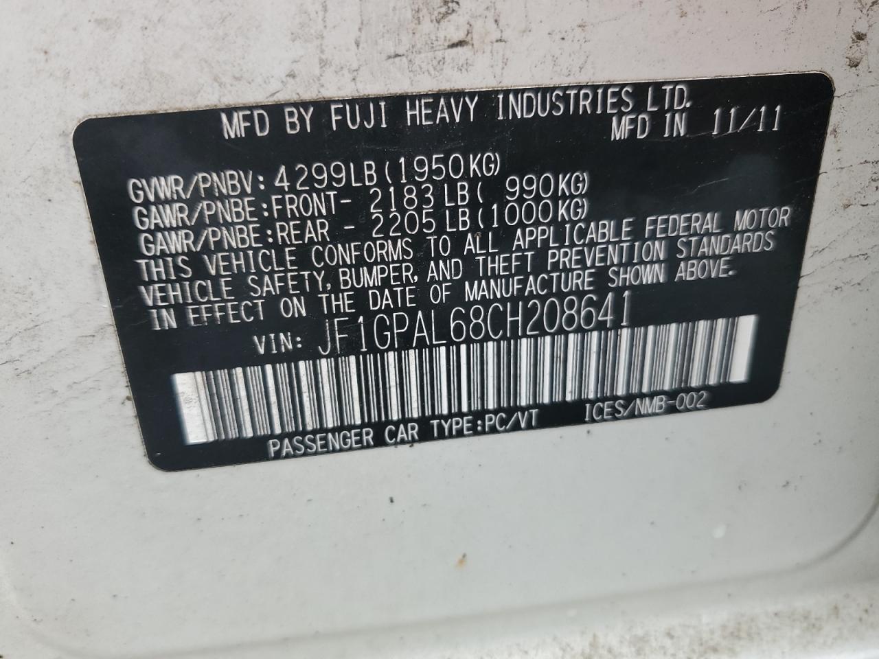 2012 Subaru Impreza VIN JF1GPAL68CH208641 Copart auction photo, burn / front end damage thumbnail 14