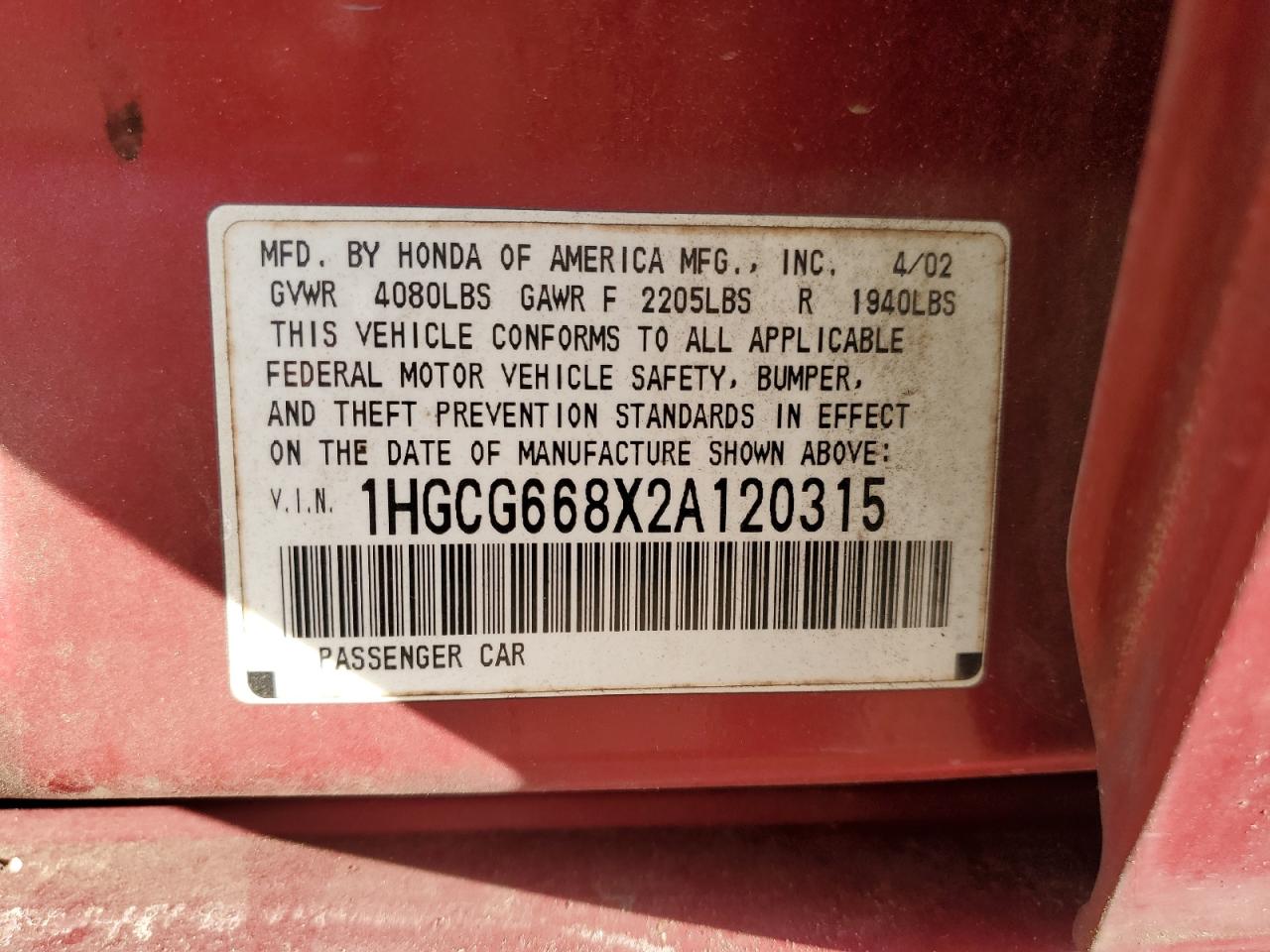 2002 Honda Accord VIN 1HGCG668X2A120315 Copart auction photo, front end damage thumbnail 14