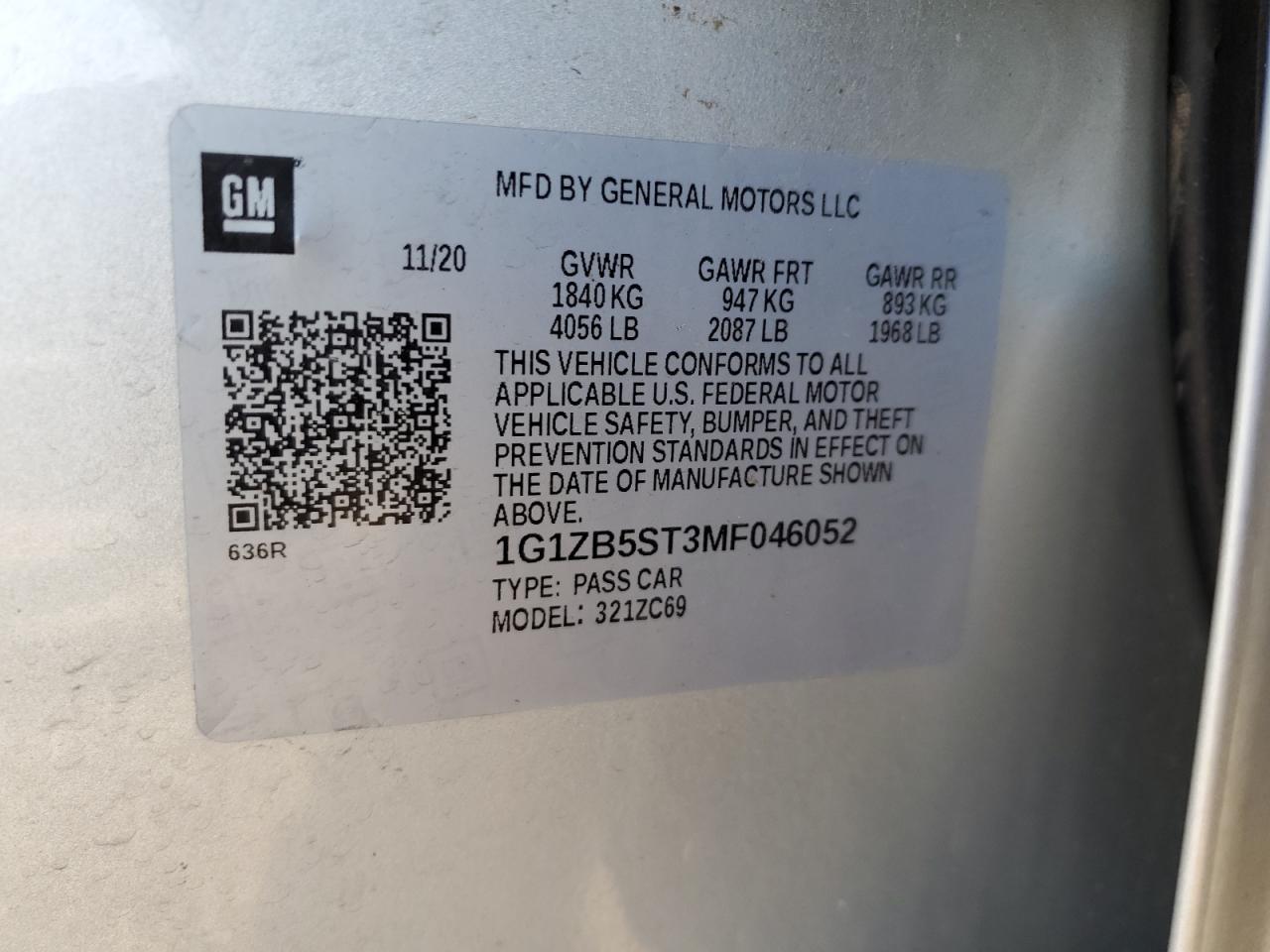 2021 Chevrolet Malibu VIN 1G1ZB5ST3MF046052 Copart auction photo, stripped damage thumbnail 13