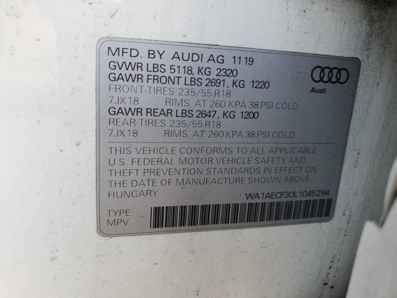 2020 Audi Q3 VIN WA1AECF30L1045294 Copart auction photo, front end / frame damage damage thumbnail 13