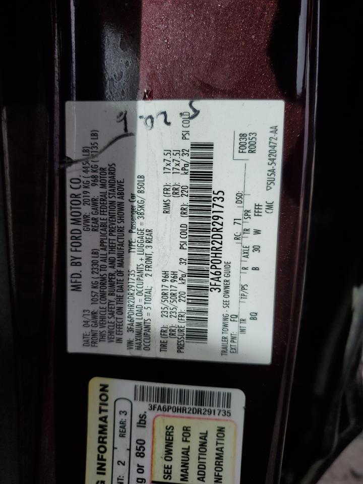 2013 Ford Fusion VIN 3FA6P0HR2DR291735 Copart auction photo, rear end damage thumbnail 13