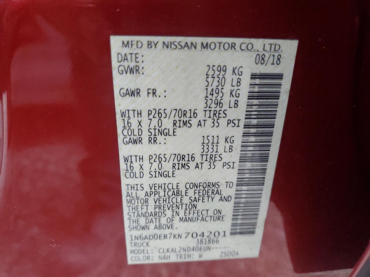 2019 Nissan Navara (Frontier) VIN 1N6AD0ER7KN704201 Copart auction photo, water/flood damage thumbnail 10