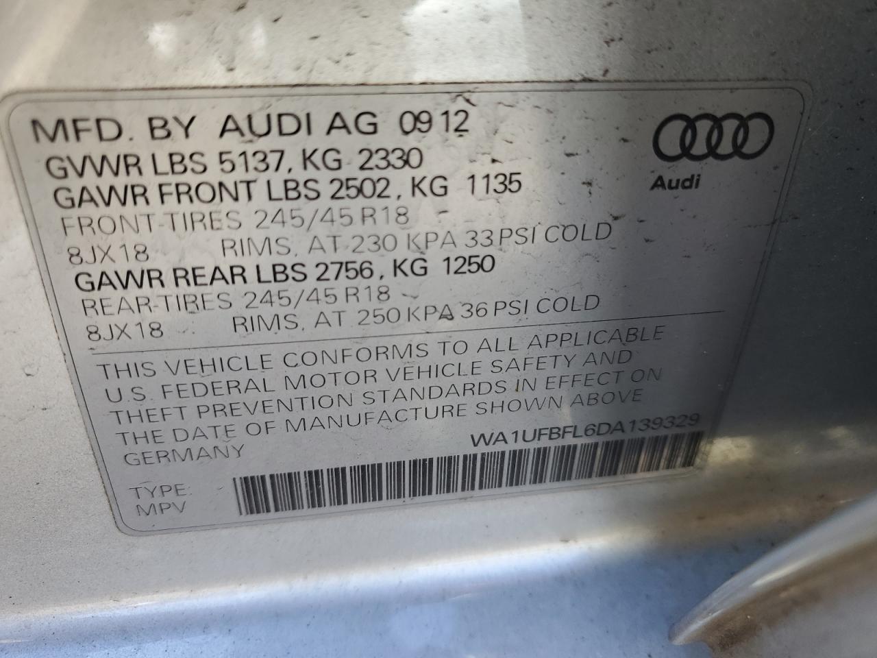 2013 Audi A4 VIN WA1UFBFL6DA139329 Copart auction photo, front end damage thumbnail 13