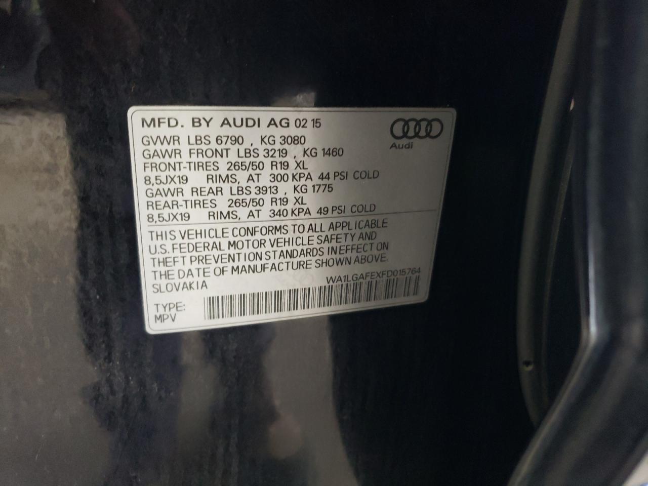 2015 Audi Q7 VIN WA1LGAFEXFD015764 Copart auction photo, front end / mechanical damage thumbnail 13