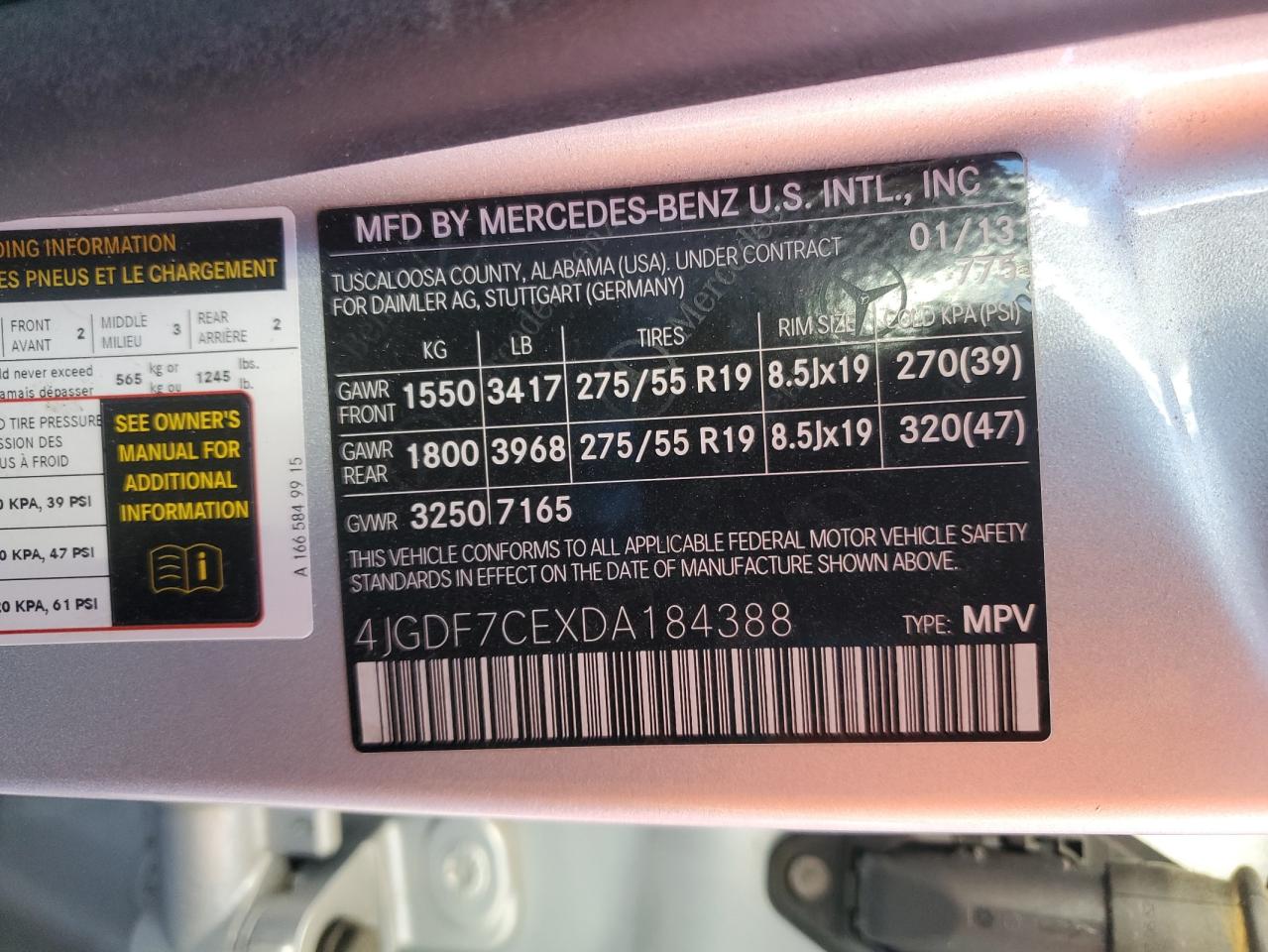 2013 Mercedes-Benz GL-klasse VIN 4JGDF7CEXDA184388 Copart auction photo, rear end damage thumbnail 13