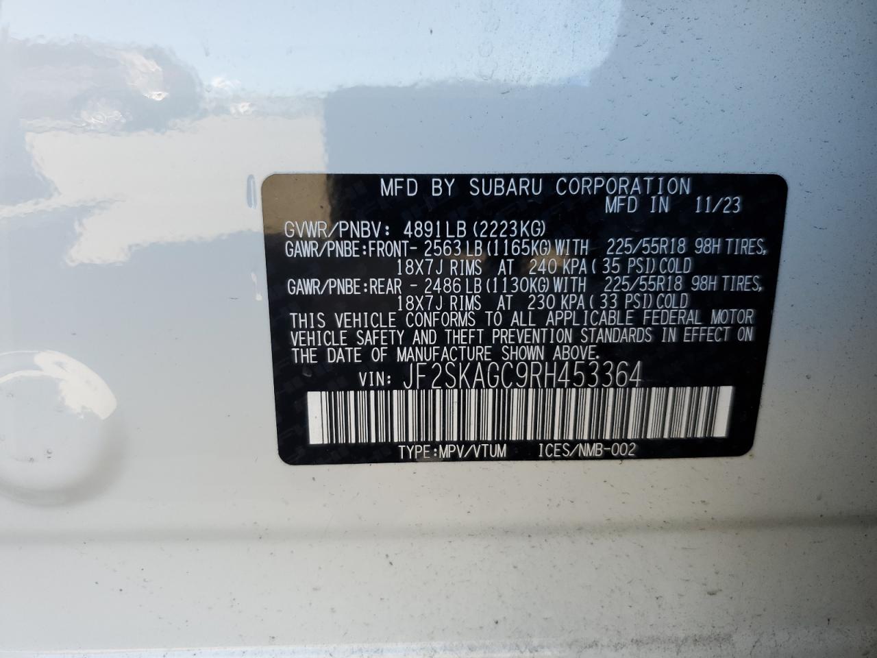 2024 Subaru Forester VIN JF2SKAGC9RH453364 Copart auction photo, rear end / side damage thumbnail 12