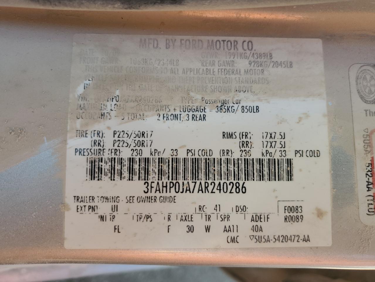 2010 Ford Fusion VIN 3FAHP0JA7AR240286 Copart auction photo, front end / minor dent/scratches damage thumbnail 12