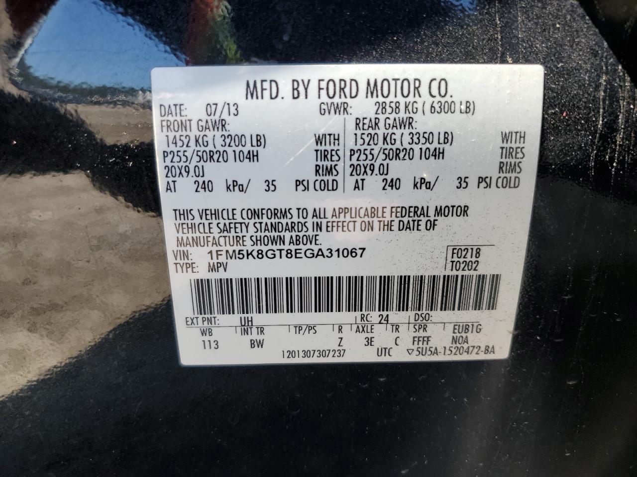 2014 Ford Explorer VIN 1FM5K8GT8EGA31067 Copart auction photo, side damage thumbnail 15