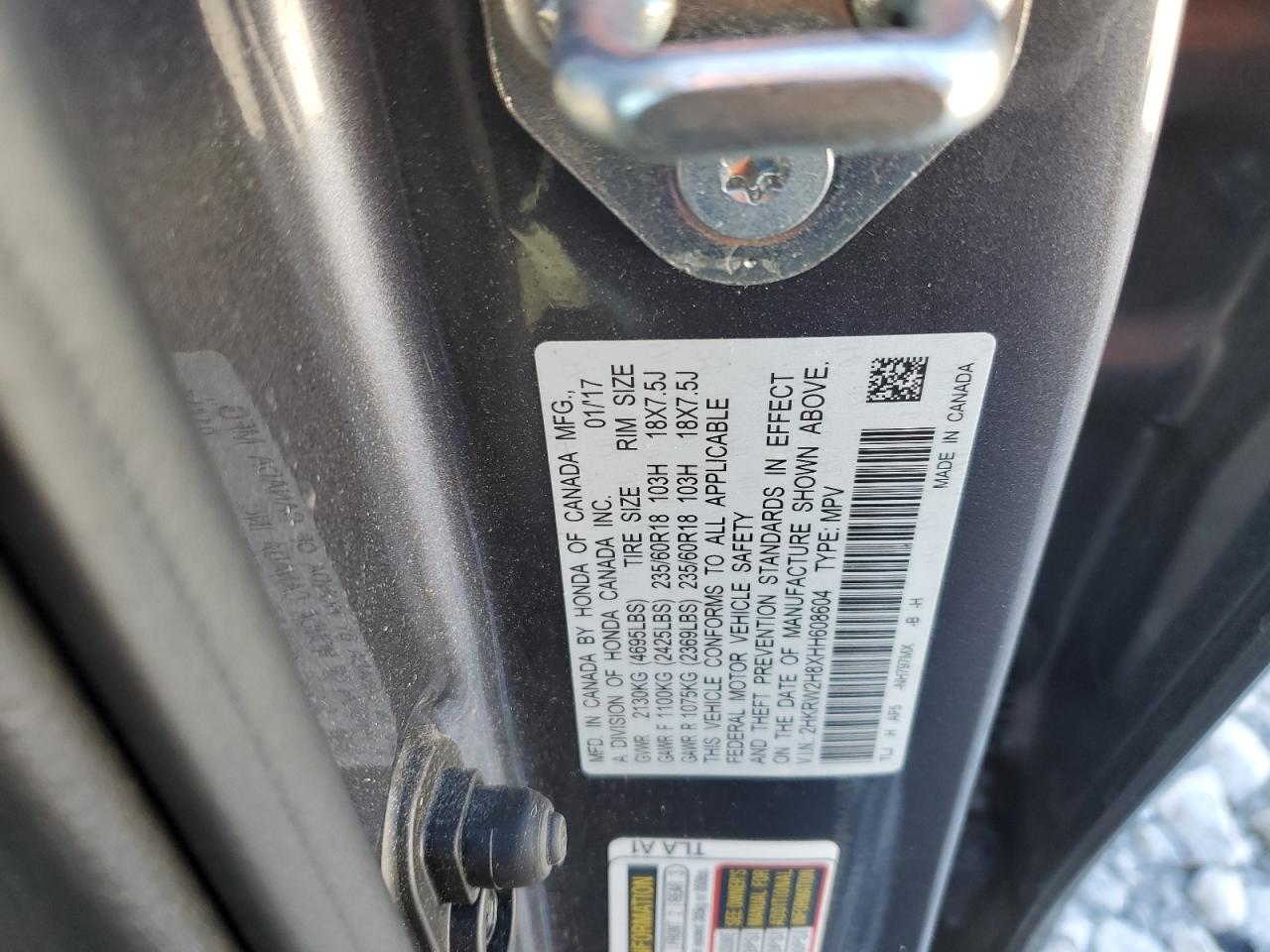 2017 Honda CR-V VIN 2HKRW2H8XHH608604 Copart auction photo, rear end / front end damage thumbnail 15
