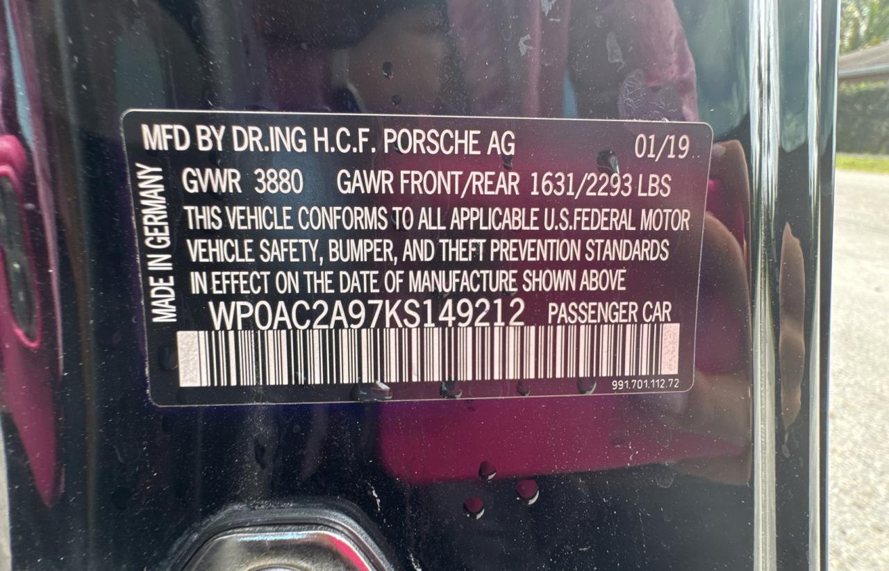 2019 Porsche 911 VIN WP0AC2A97KS149212 Copart auction photo, water/flood / normal wear damage thumbnail 10