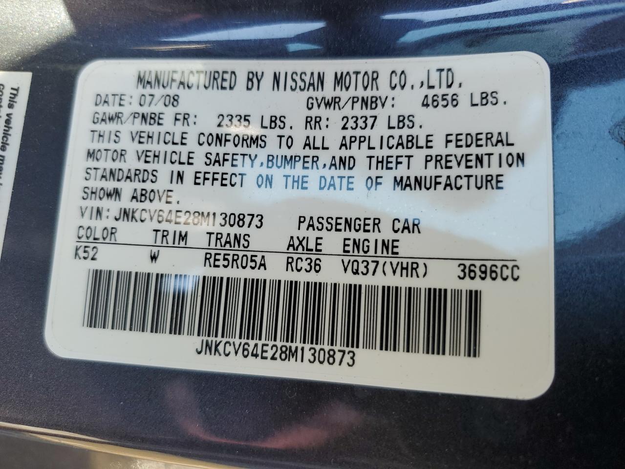 2008 Infiniti G VIN JNKCV64E28M130873 Copart auction photo, minor dent/scratches damage thumbnail 12