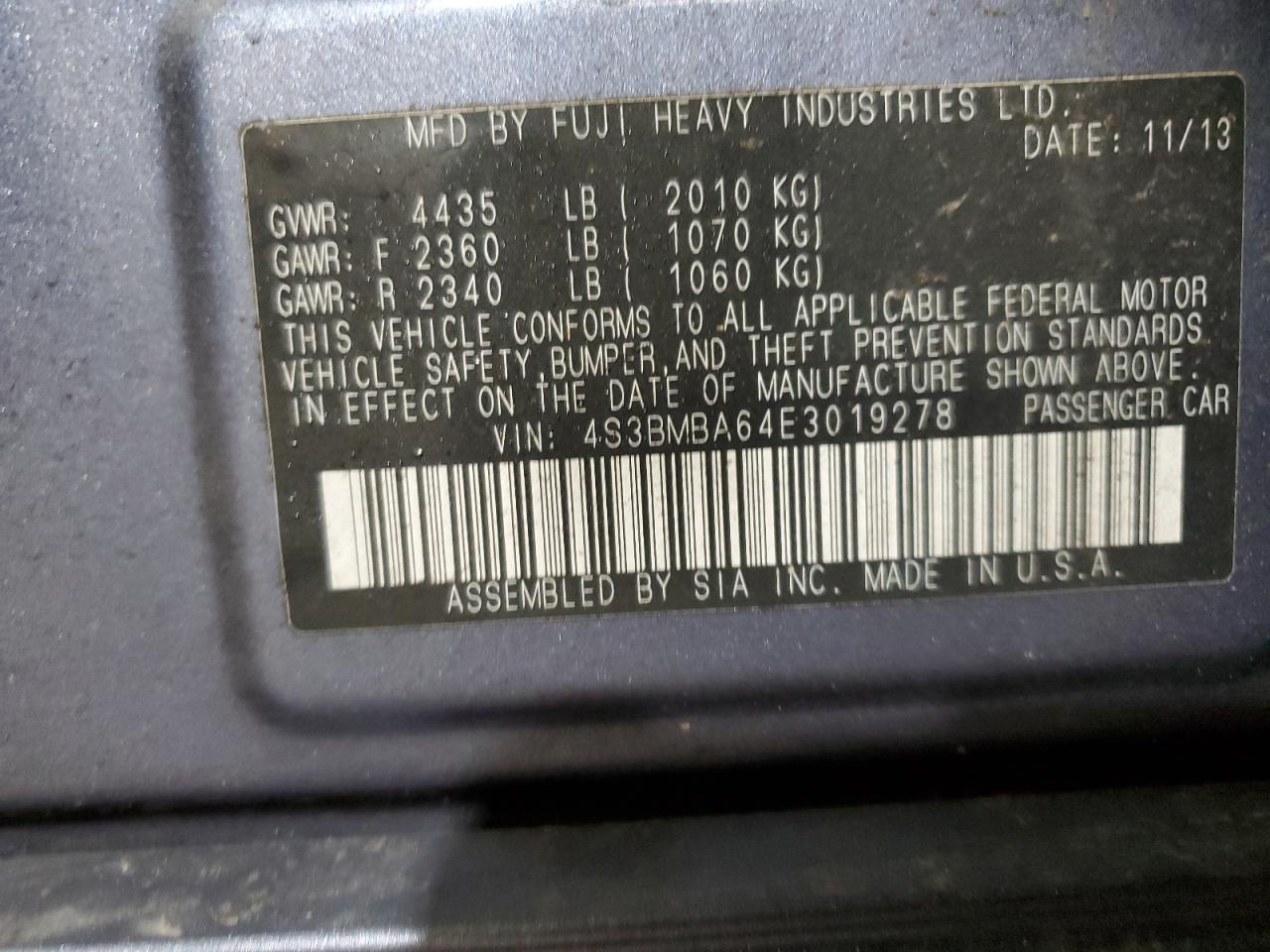 2014 Subaru Legacy VIN 4S3BMBA64E3019278 Copart auction photo, side / front end damage thumbnail 12