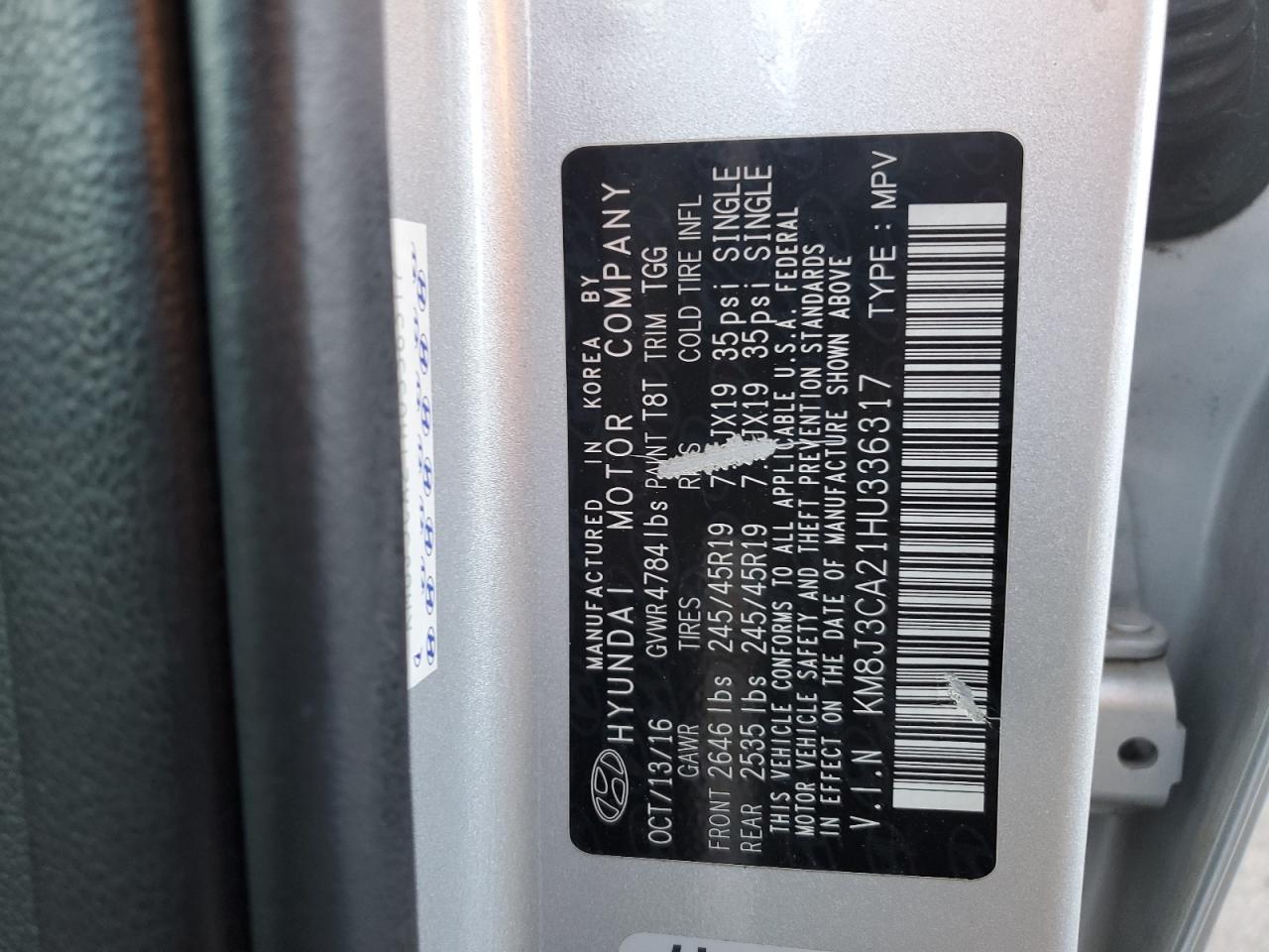 2017 Hyundai Tucson VIN KM8J3CA21HU336317 Copart auction photo, rear end damage thumbnail 12