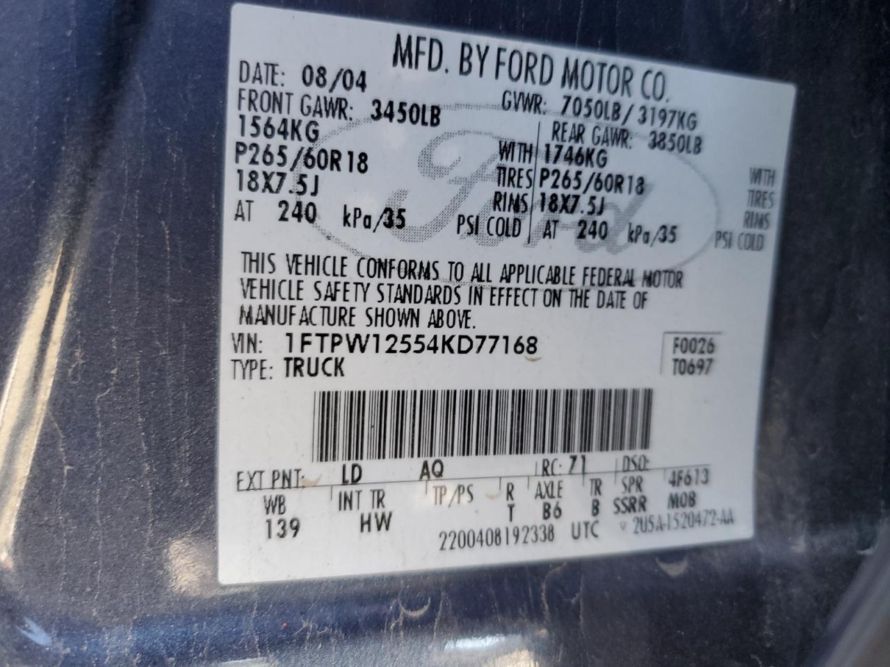 2004 Ford F-150 VIN 1FTPW12554KD77168 Copart auction photo, side / rear end damage thumbnail 12