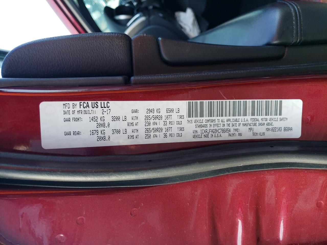 2017 Jeep Grand Cherokee VIN 1C4RJFAG9HC786054 Copart auction photo, front end / side damage thumbnail 14