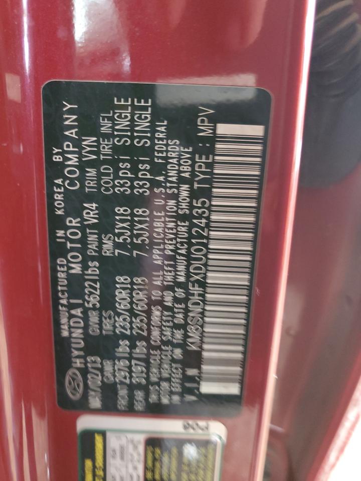 2013 Hyundai Santa Fe VIN KM8SNDHFXDU012435 Copart auction photo, rear end damage thumbnail 15