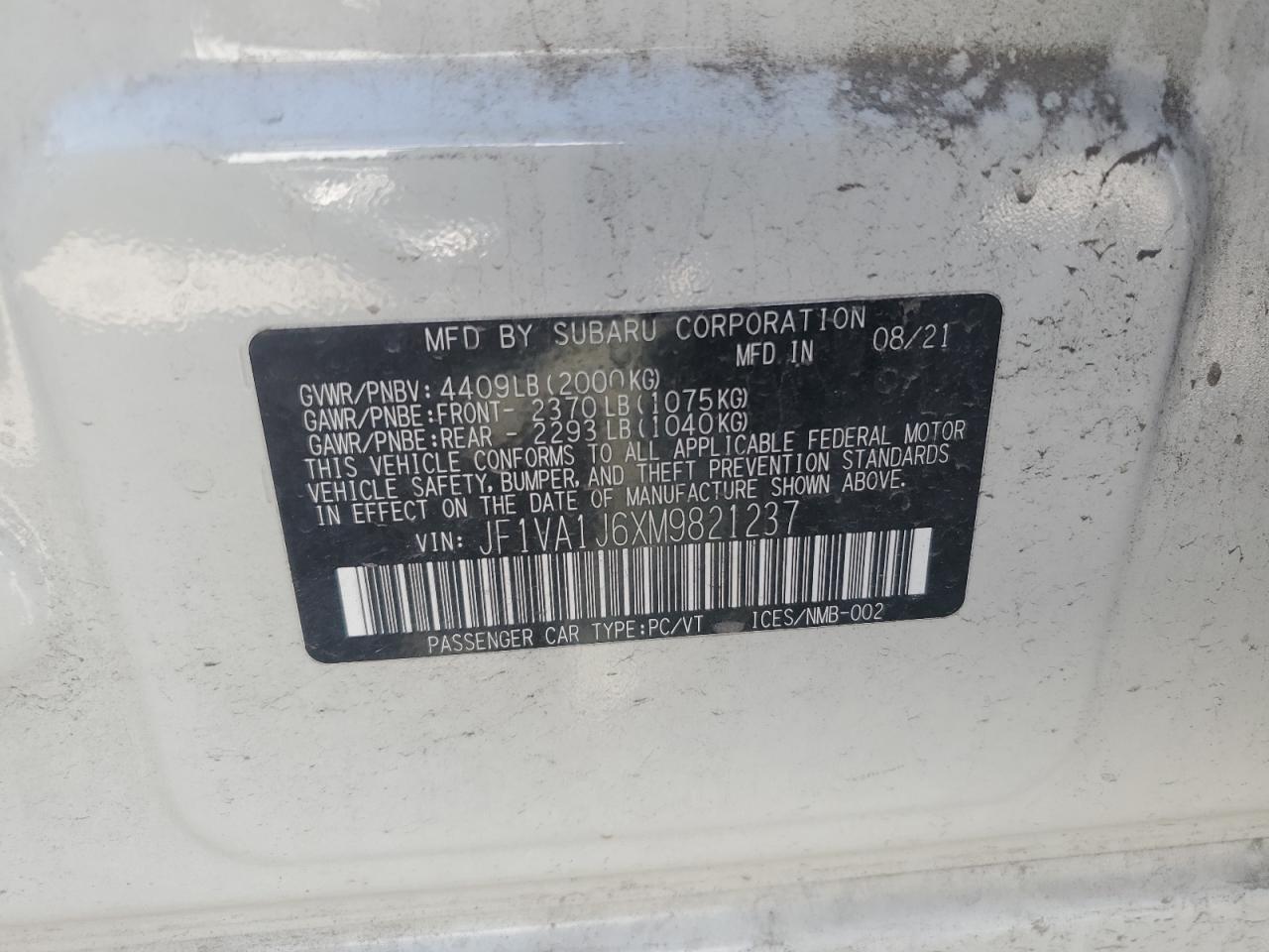 2021 Subaru WRX VIN JF1VA1J6XM9821237 Copart auction photo, side / front end damage thumbnail 12