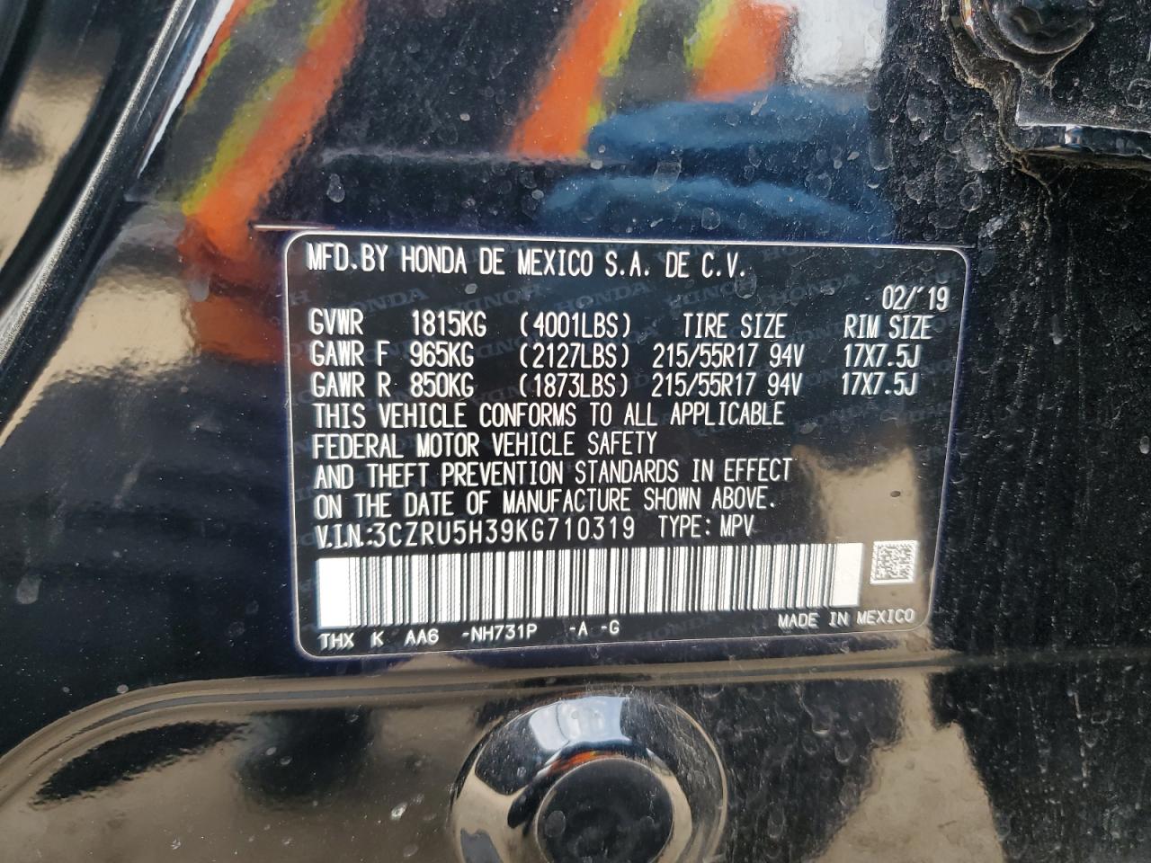 2019 Honda HR-V VIN 3CZRU5H39KG710319 Copart auction photo, side damage thumbnail 13