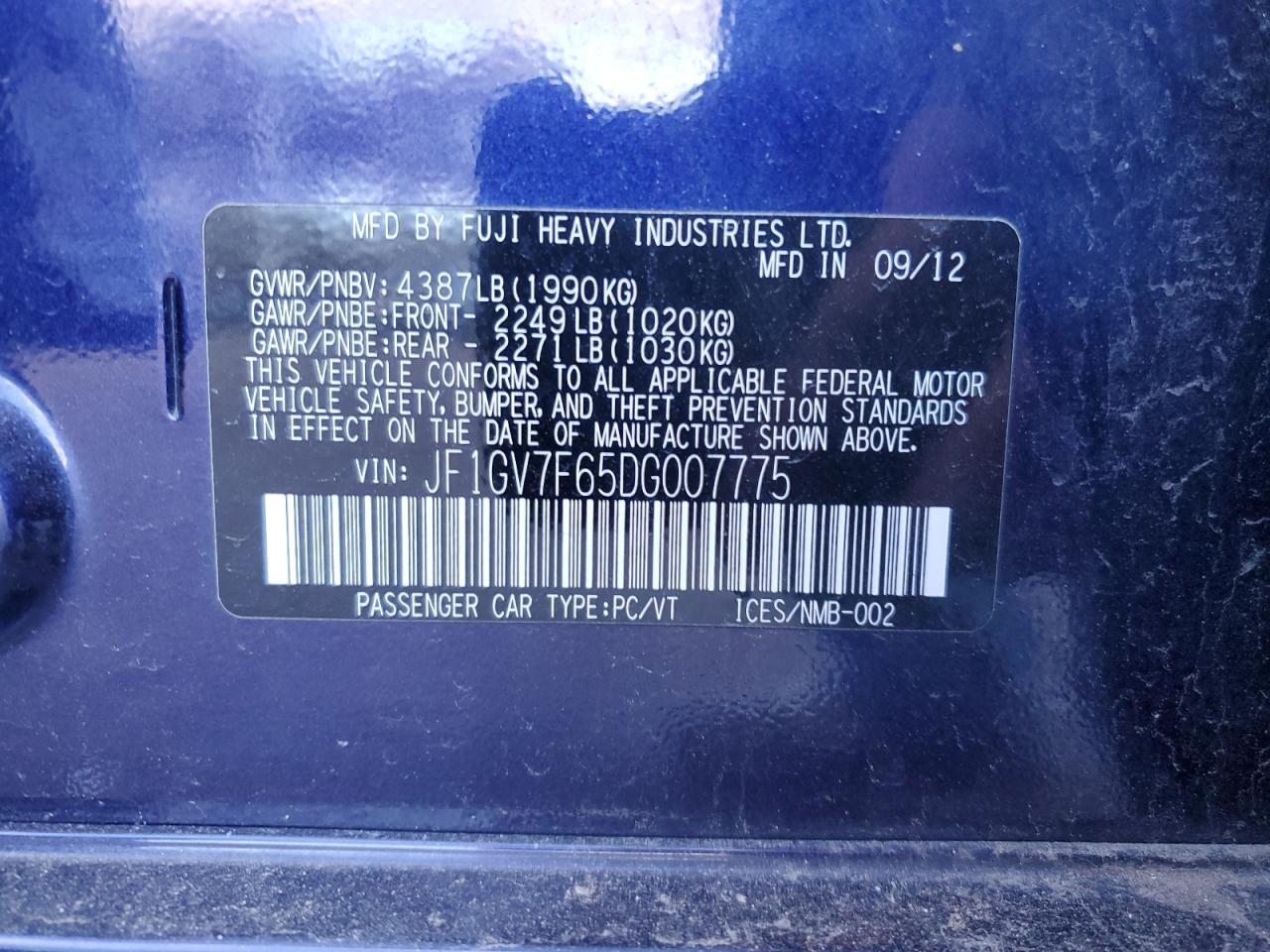 2013 Subaru WRX VIN JF1GV7F65DG007775 Copart auction photo, front end / rear end damage thumbnail 12