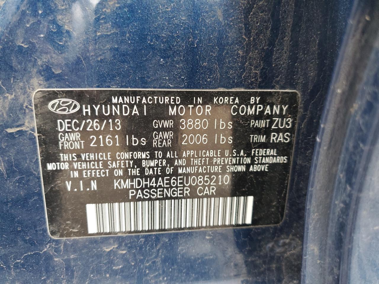 2014 Hyundai Elantra VIN KMHDH4AE6EU085210 Copart auction photo, side / front end damage thumbnail 12