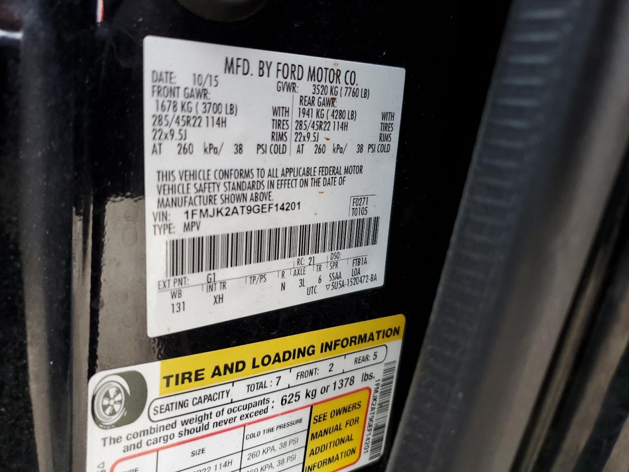 2016 Ford Expedition VIN 1FMJK2AT9GEF14201 Copart auction photo, front end damage thumbnail 13