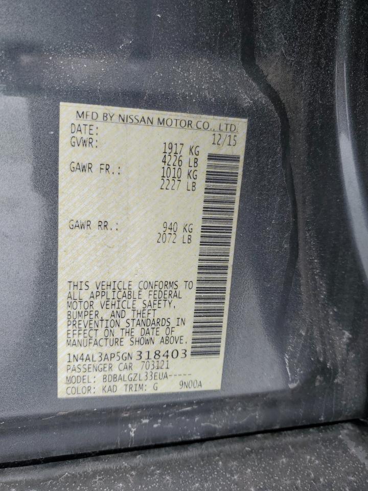2016 Nissan Altima VIN 1N4AL3AP5GN318403 Copart auction photo, front end / side damage thumbnail 12