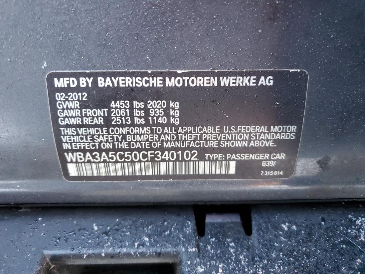 2012 BMW 3er VIN WBA3A5C50CF340102 Copart auction photo, front end / undercarriage damage thumbnail 12