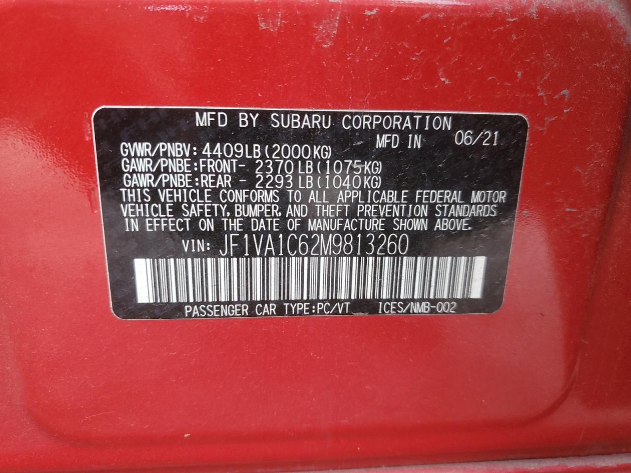 2021 Subaru WRX VIN JF1VA1C62M9813260 Copart auction photo, front end damage thumbnail 14