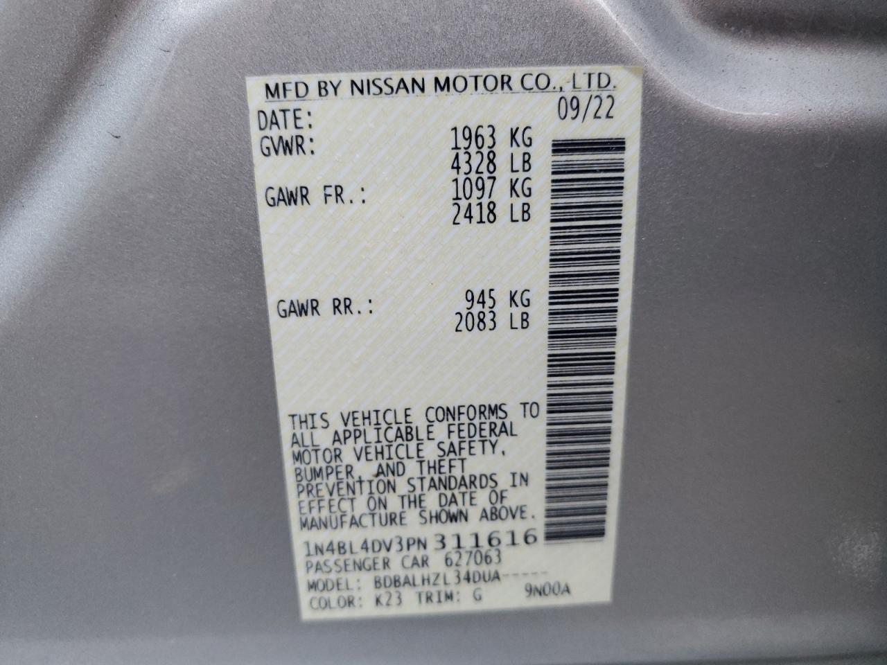 2023 Nissan Altima VIN 1N4BL4DV3PN311616 Copart auction photo, front end damage thumbnail 13