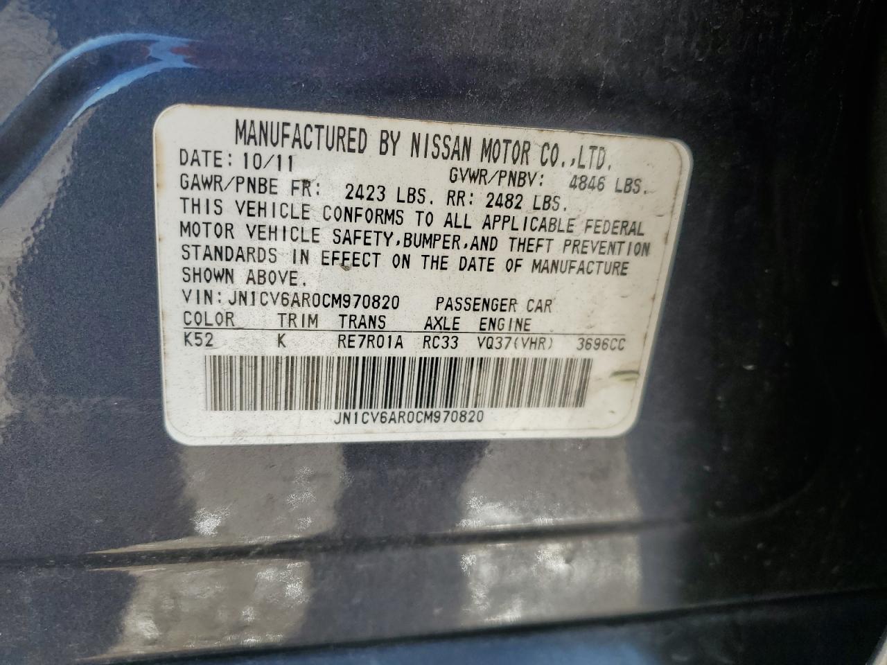 2012 Infiniti G VIN JN1CV6AR0CM970820 Copart auction photo, front end / rear end damage thumbnail 12