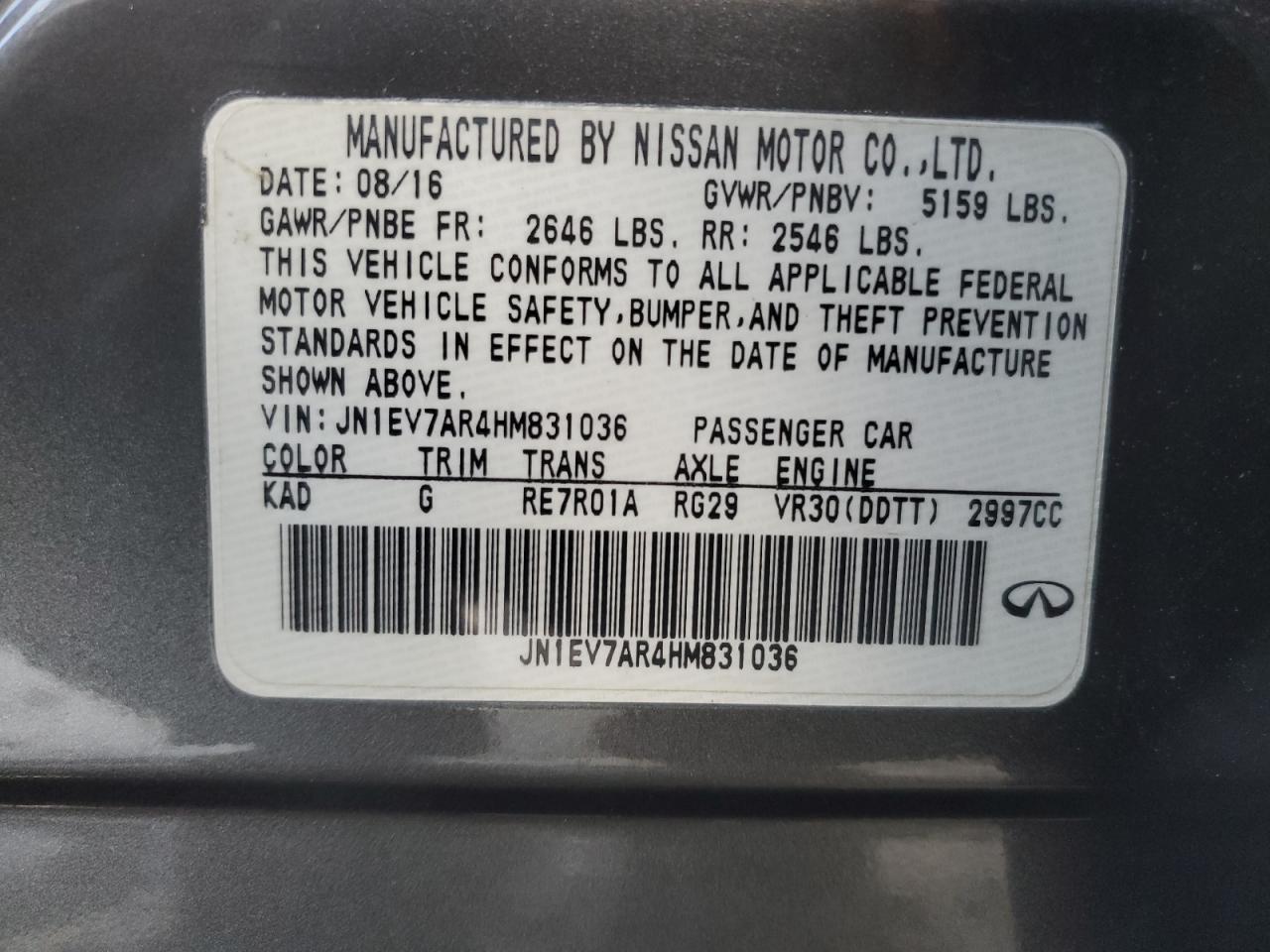 2017 Infiniti Q50 VIN JN1EV7AR4HM831036 Copart auction photo, front end / rear end damage thumbnail 12