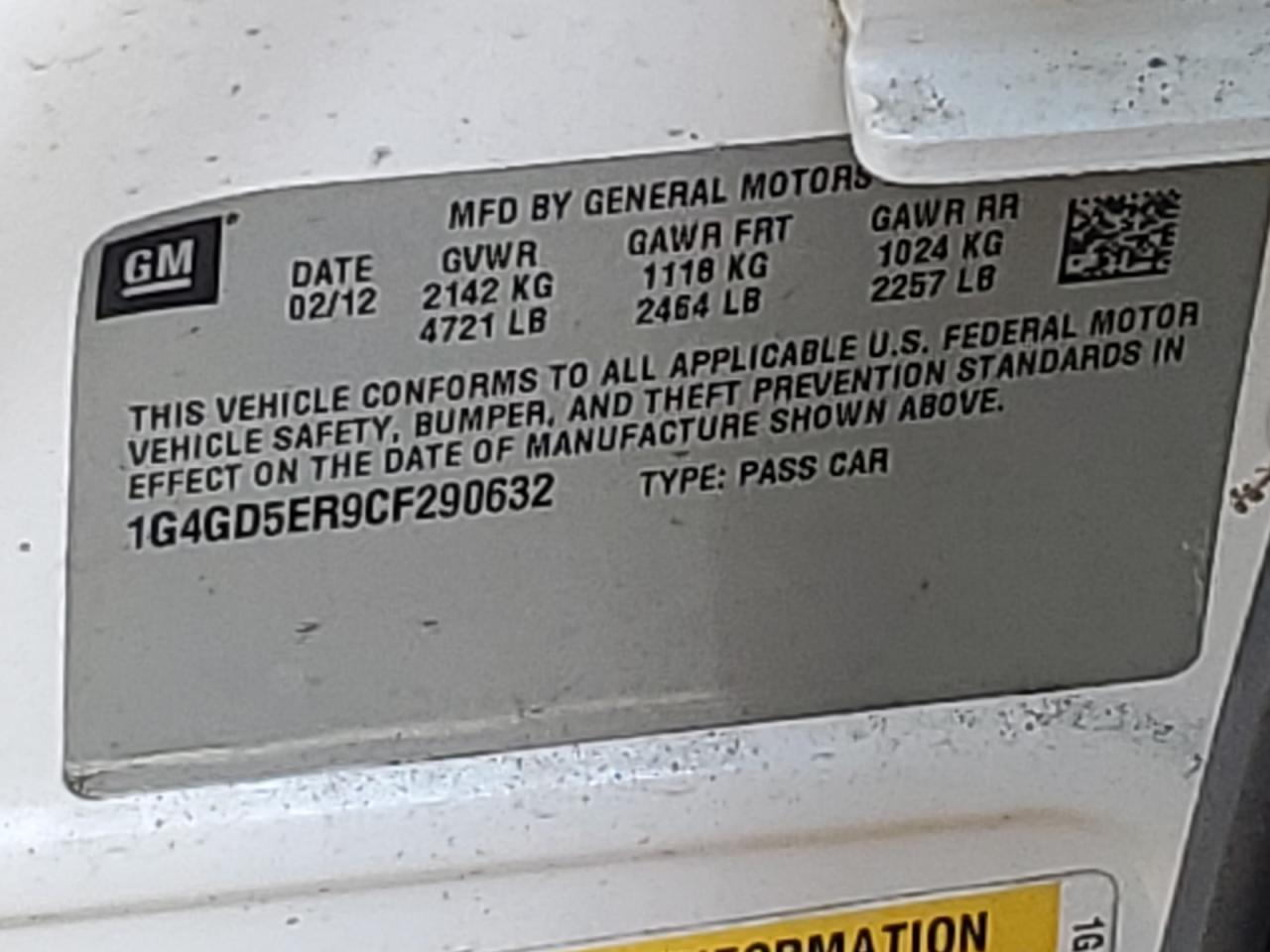 2012 Buick LaCrosse VIN 1G4GD5ER9CF290632 Copart auction photo, water/flood damage thumbnail 12