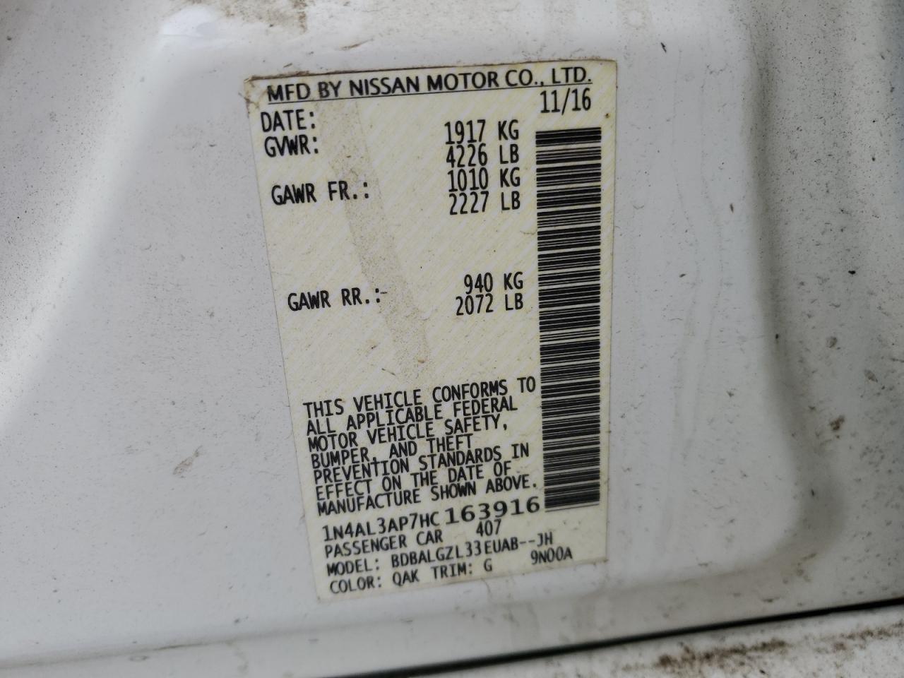 2017 Nissan Altima VIN 1N4AL3AP7HC163916 Copart auction photo, front end damage thumbnail 12