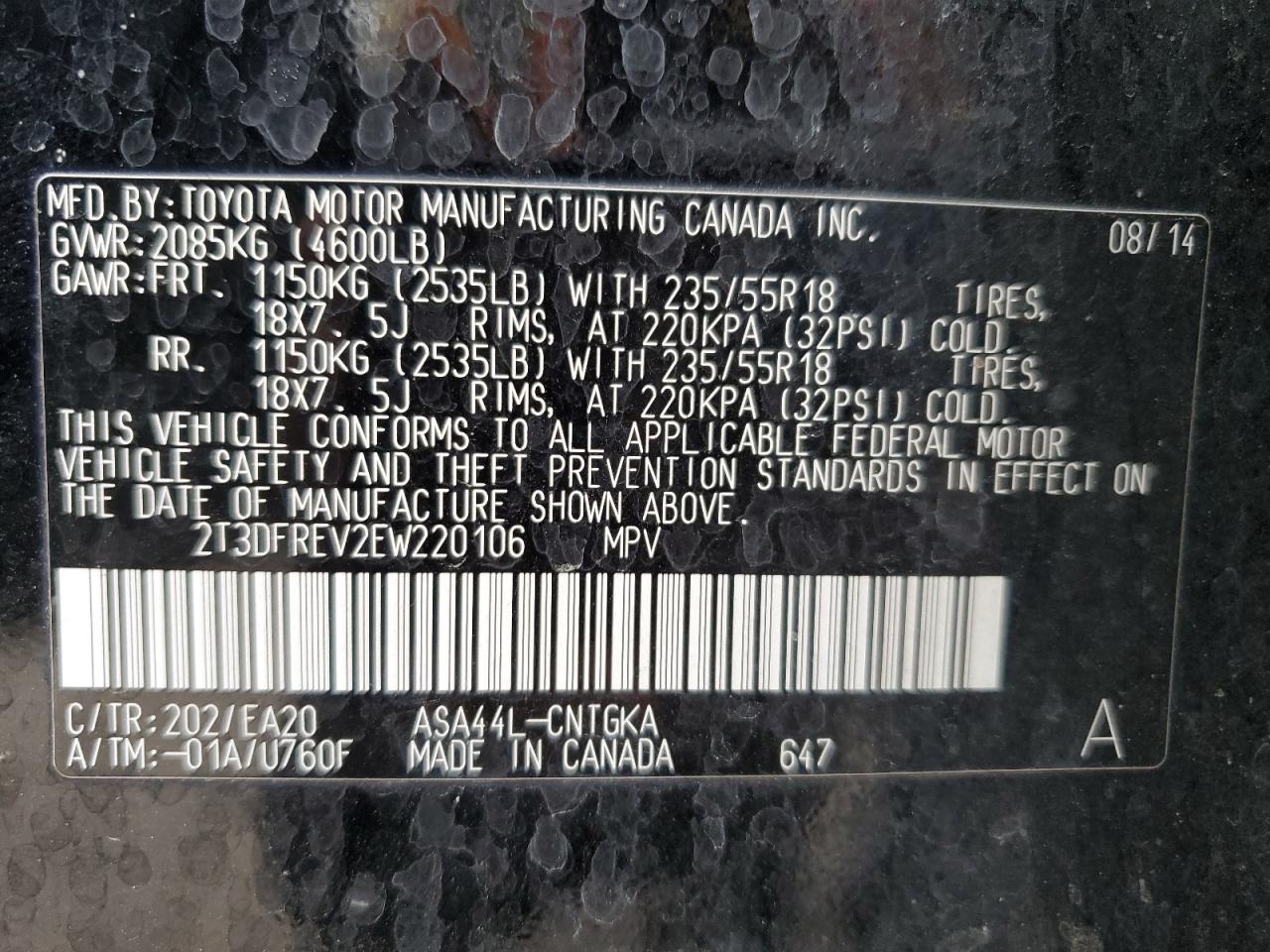 2014 Toyota RAV 4 VIN 2T3DFREV2EW220106 Copart auction photo, rear end damage thumbnail 13