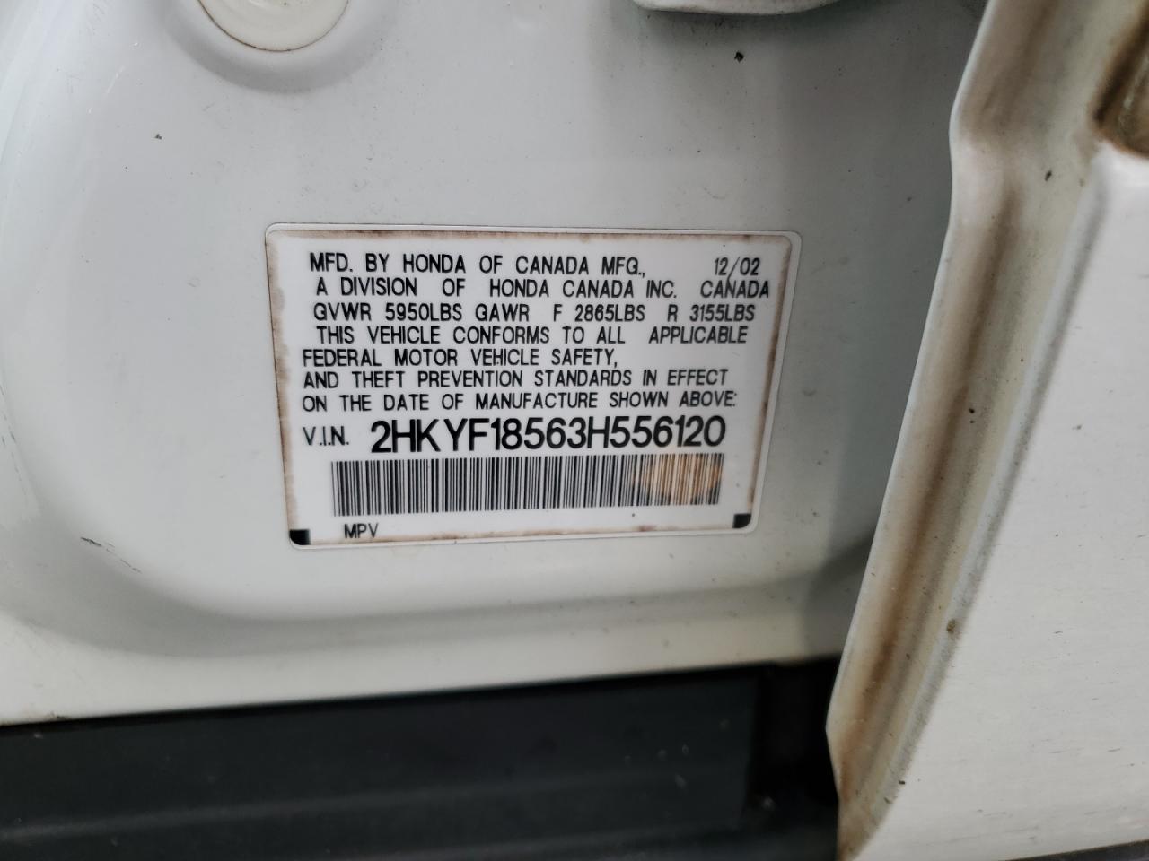2003 Honda Pilot VIN 2HKYF18563H556120 Copart auction photo, top/roof damage thumbnail 13