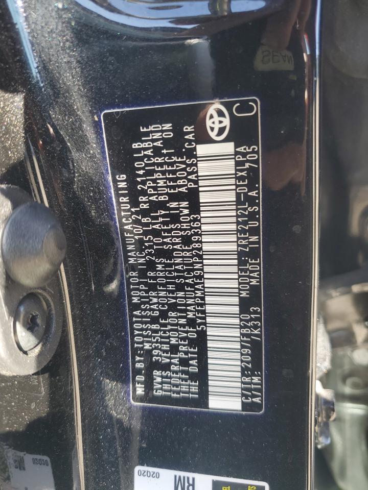 2022 Toyota Corolla VIN 5YFEPMAE9NP289363 Copart auction photo, rear end / minor dent/scratches damage thumbnail 12