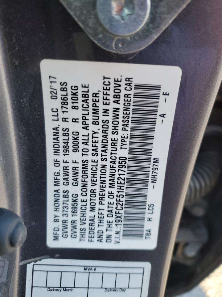 2017 Honda Civic VIN 19XFC2F51HE217950 Copart auction photo, front end damage thumbnail 14