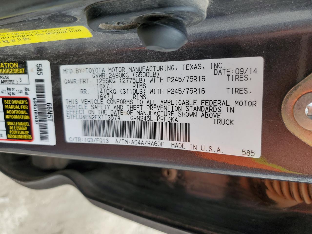 2015 Toyota Tacoma VIN 5TFLU4EN2FX113574 Copart auction photo, front end damage thumbnail 12