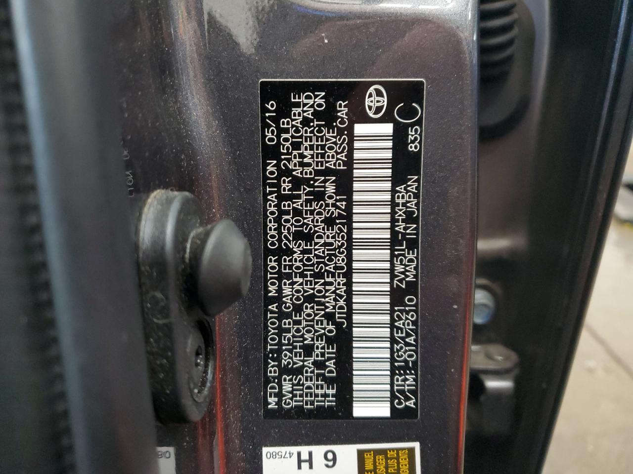 2016 Toyota Prius VIN JTDKARFU8G3521741 Copart auction photo, front end / side damage thumbnail 13