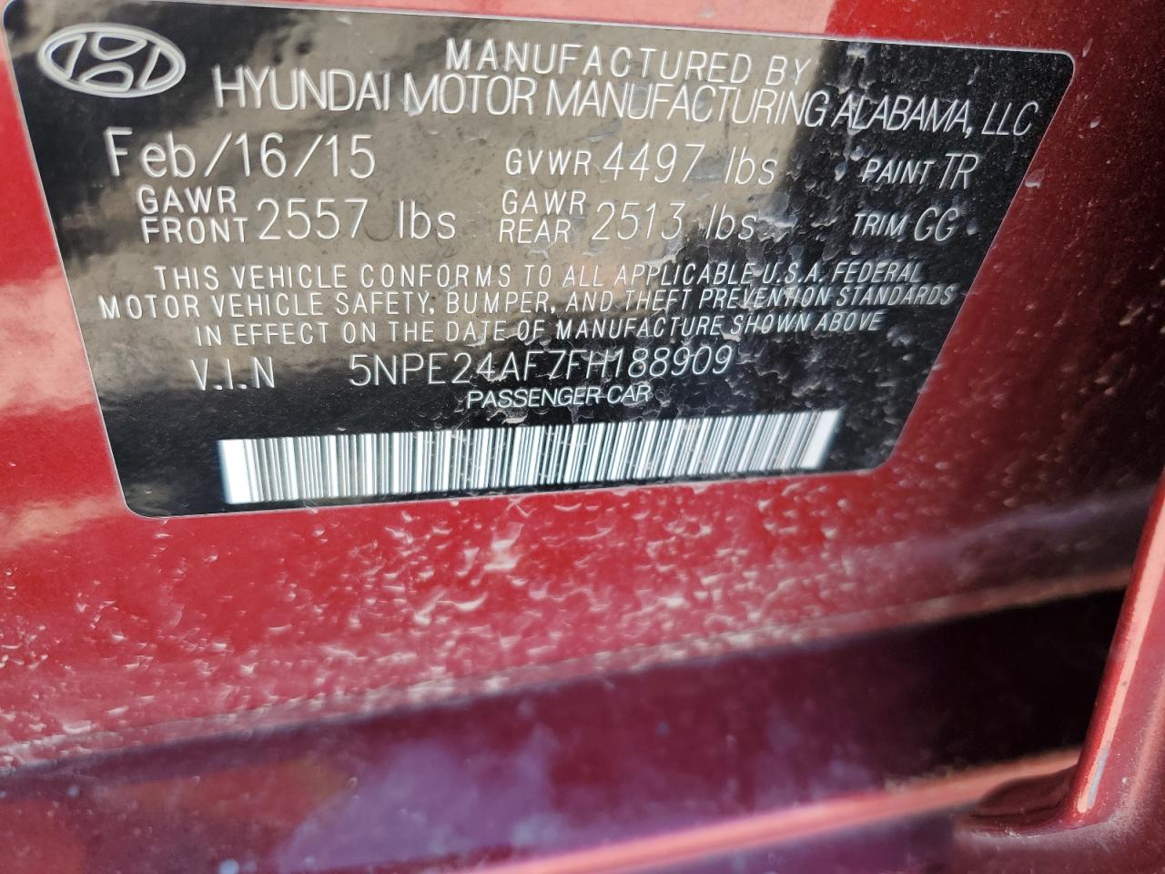 2015 Hyundai Sonata VIN 5NPE24AF7FH188909 Copart auction photo, front end damage thumbnail 12