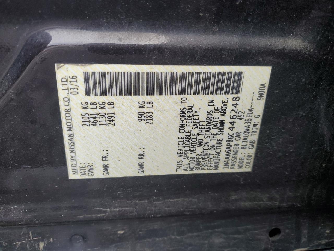 2016 Nissan Maxima VIN 1N4AA6AP8GC446248 Copart auction photo, front end / side damage thumbnail 12